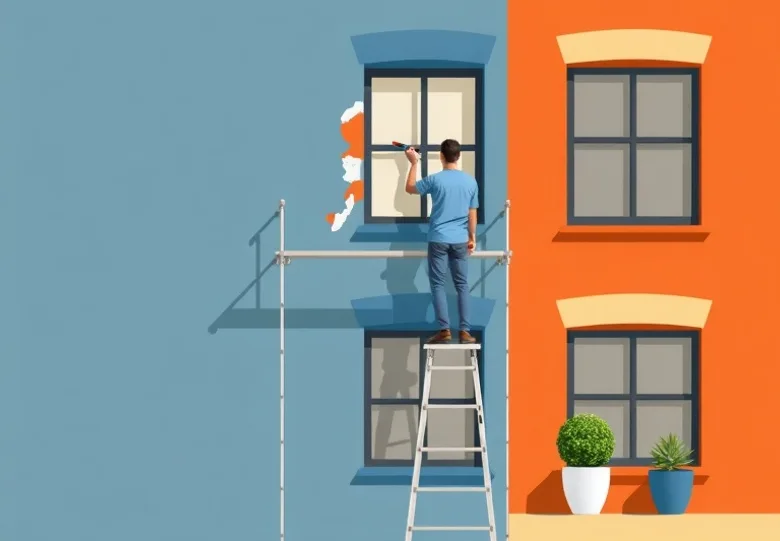 Peintre sur échafaudage traitant la façade d'une maison
